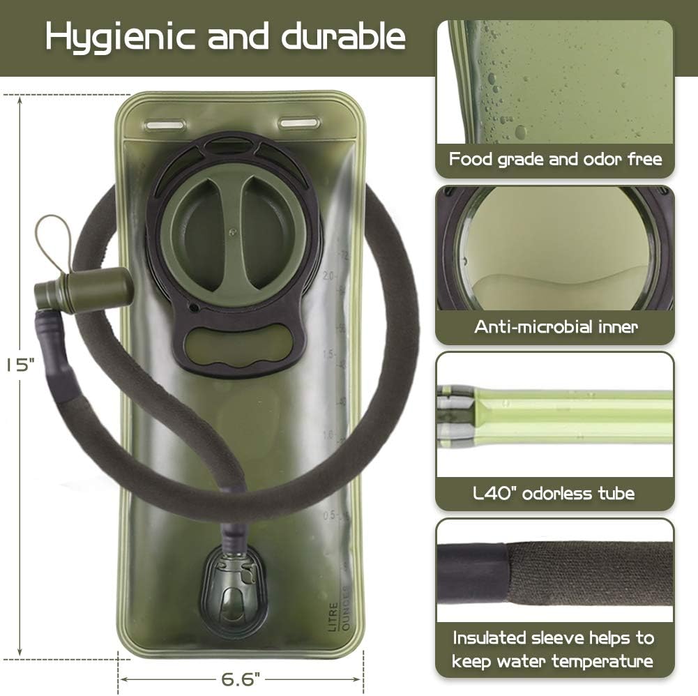 2L Hydration Bladder, BPA Free Water Bladder for Hiking Backpack 2 Liter Military Green Water Storage Bag with Insulated Tube, Hydration Back Pack Replacement for Outdoor Camping Running Cycling - Image 2