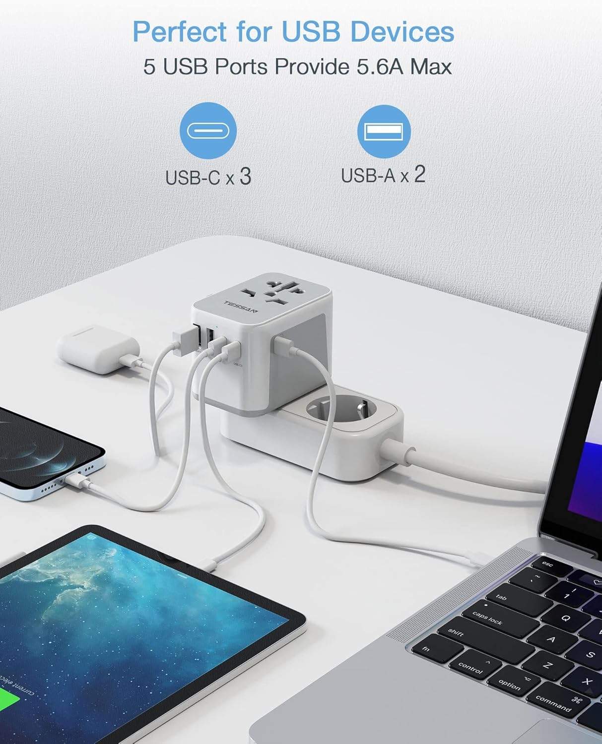 TESSAN Universal Travel Adapter, International Power Adapter 5.6A 28W 3 USB C 2 USB A Ports, Travel Worldwide Plug Adaptor, Outlet Wall Charger for Europe UK EU AUS (Type C/G/A/I) - Image 3