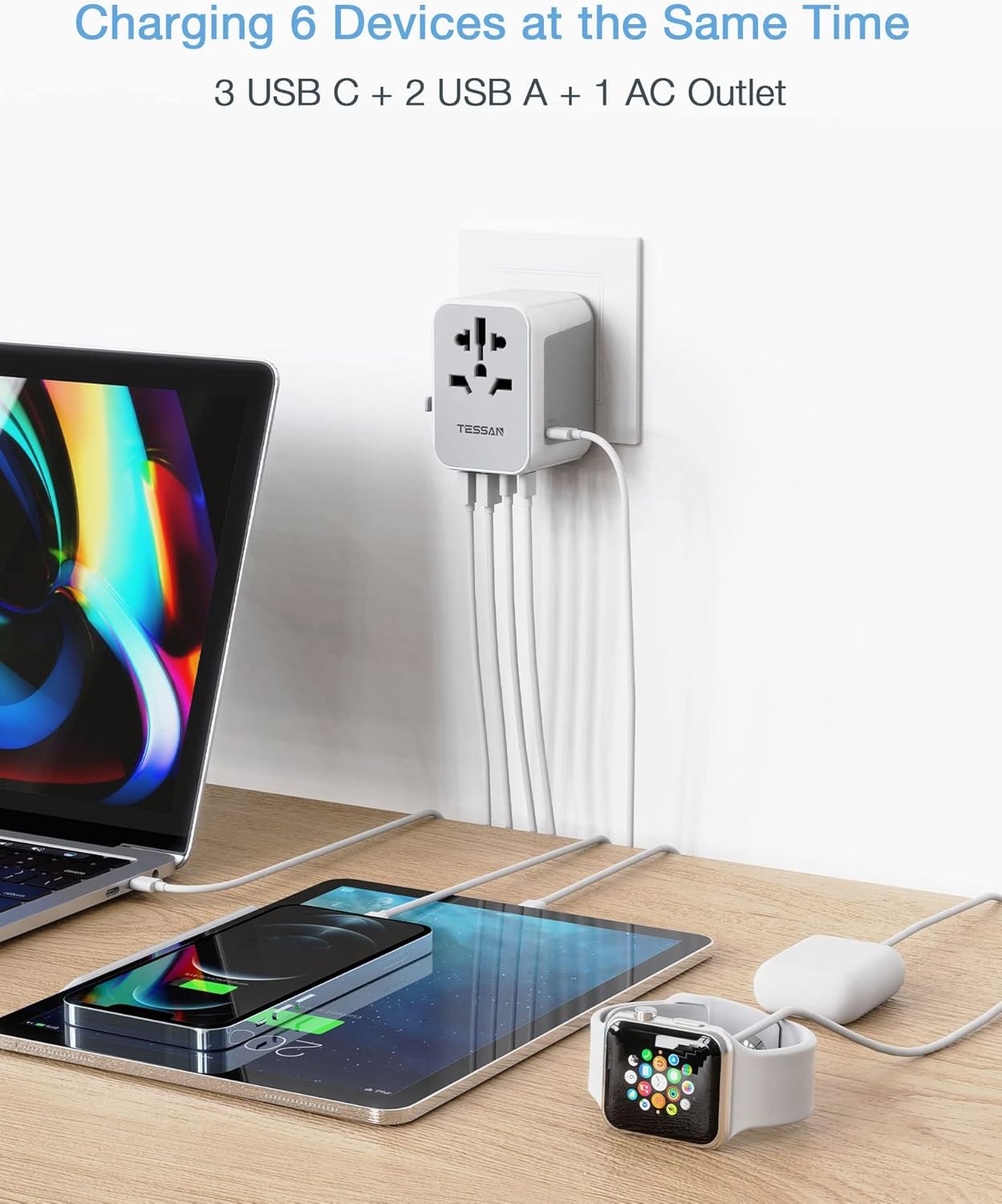 TESSAN Universal Travel Adapter, International Power Adapter 5.6A 28W 3 USB C 2 USB A Ports, Travel Worldwide Plug Adaptor, Outlet Wall Charger for Europe UK EU AUS (Type C/G/A/I) - Image 6